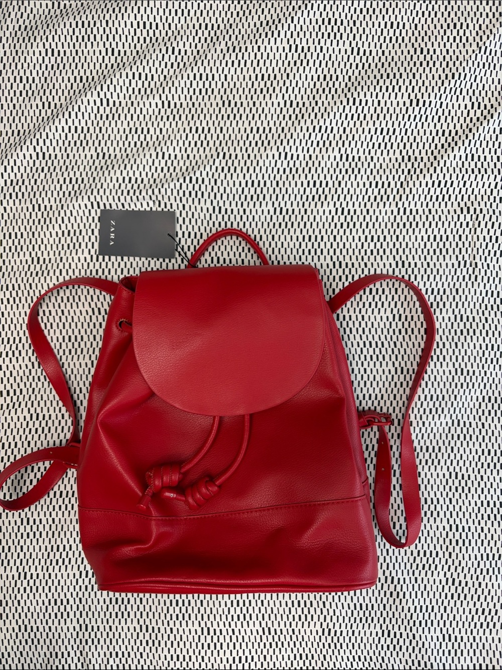 ZARA Red Pebbled Leather Drawstring Backpack